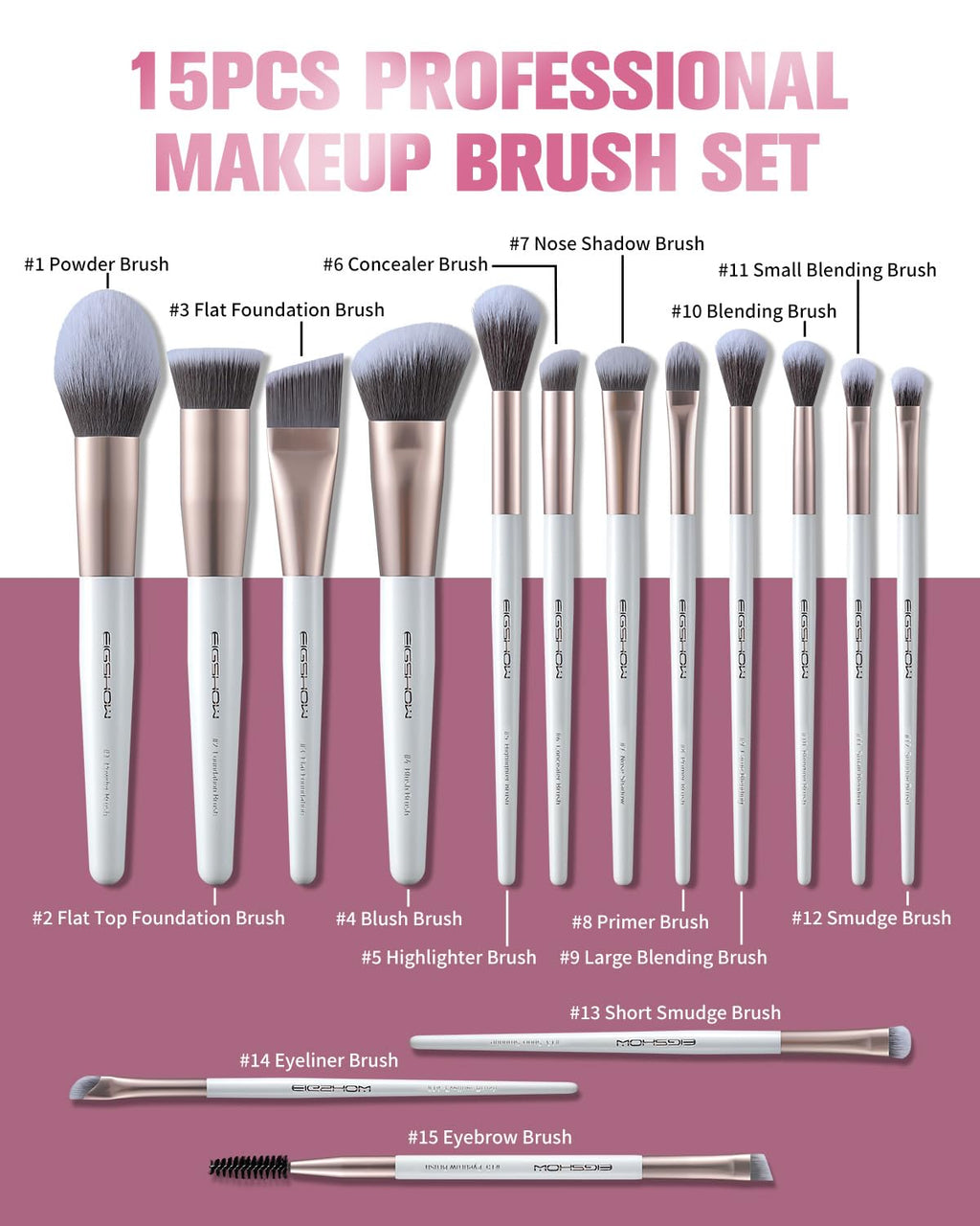 Professional 15-Piece Makeup Brush Set with Soft Silver Ion Bristles